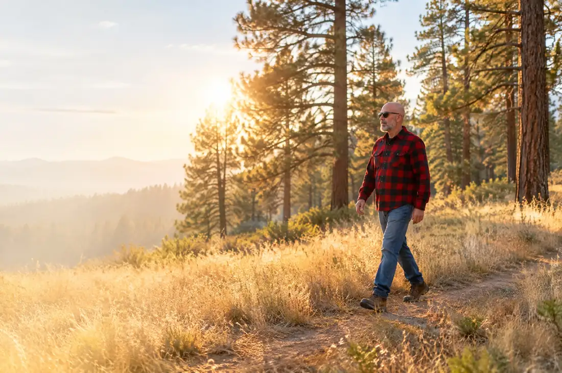 A man in a red flannel shirt walking a trail through a golden pine forest